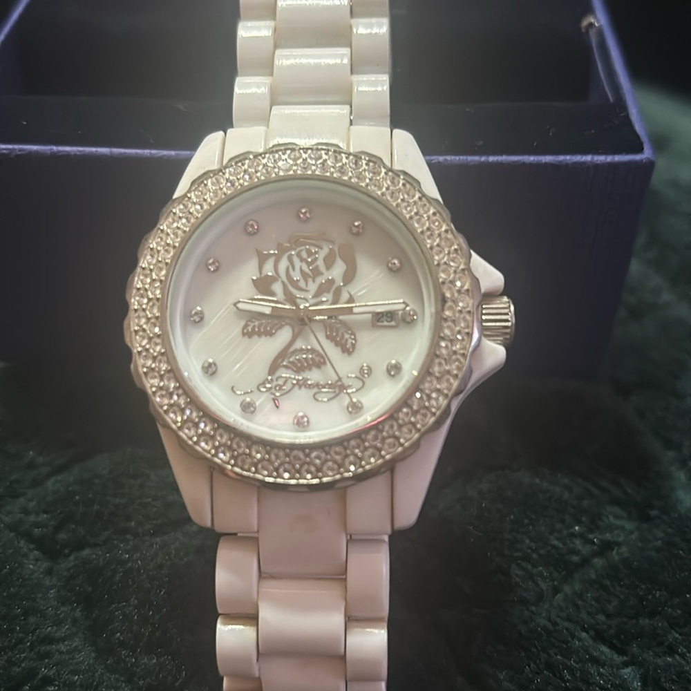 Ed Hardy Watch White Rose Rhinestone ceramic ladies watch